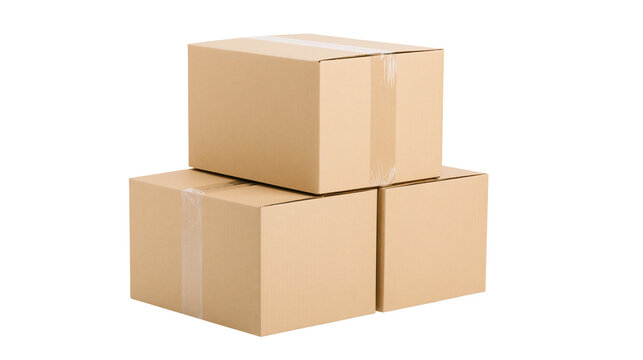 Stack of three cardboard boxes with clear tape, isolated on transparent background