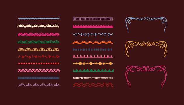 Decorative Border Elements with Scalloped Trims, Repeating Waves, Dots, Floral Shapes and Curved Corner Designs
