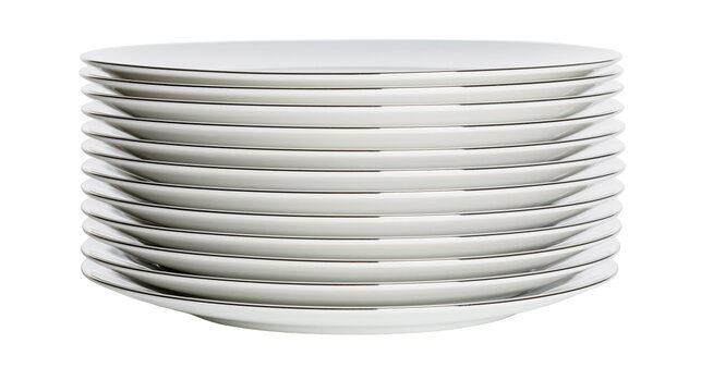 Stack of white ceramic dinner plates with thin silver rims, isolated on transparent background