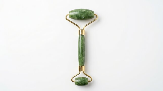 Green jade face roller, natural stone facial massager, skincare beauty tool on white