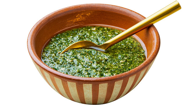 Rustic terracotta bowl with striped pattern filled with fresh green pesto sauce and golden spoon, isolated on transparent background