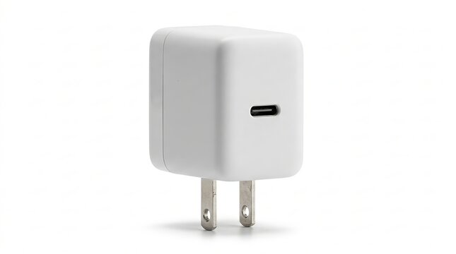 White USB-C wall charger, compact power adapter, mobile phone charging plug on white background
