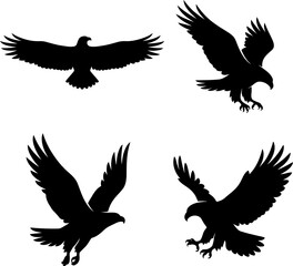 Fototapeta premium Four Eagle Silhouettes Depicting Flight And Soaring Black Silhouette