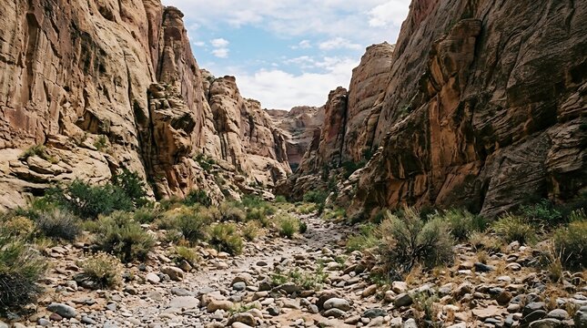 Majestic sandstone canyon featuring towering orange rock cliffs, a stony dry riverbed, and green desert shrubs under blue sky