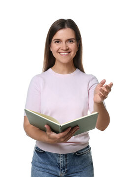 Happy teacher with notebook on white background