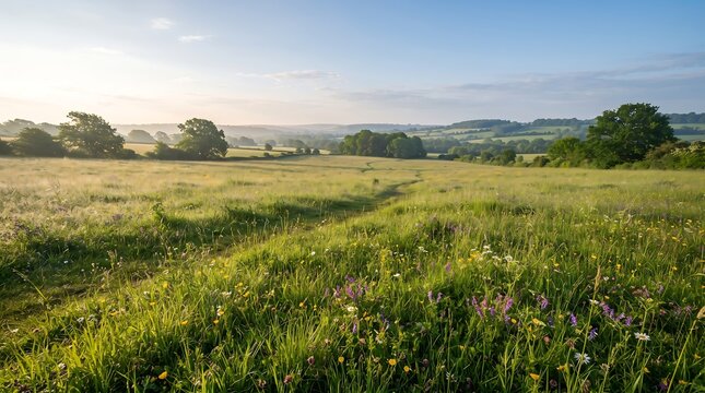 Lush meadow with wildflowers and rolling hills under a clear blue sky