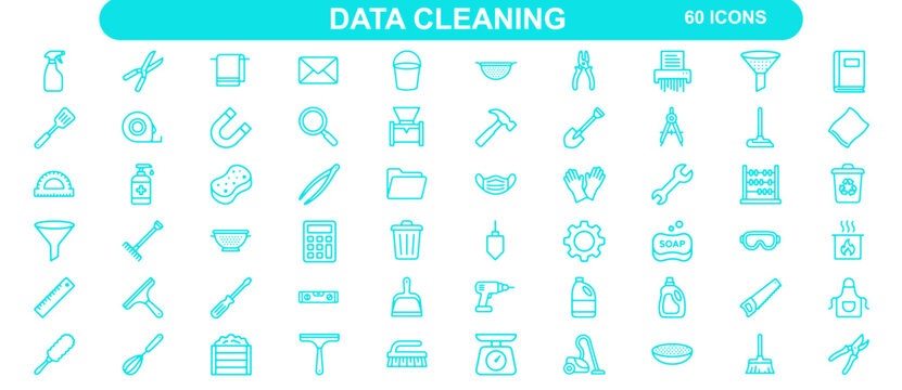 Sixty data cleaning icons for information management and digital maintenance and database hygiene