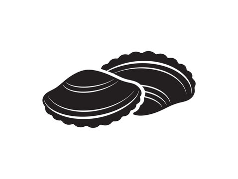 Two stylized clamshell icons in black silhouette. Minimalist vector seafood symbols for branding and design projects.