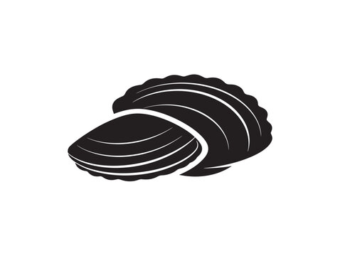 Three stacked clamshell icons in black silhouette. Minimalist seafood vector outline for commercial design use.
