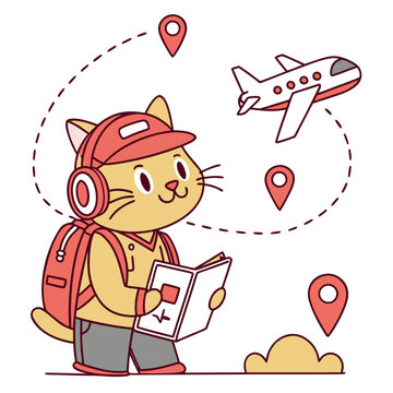 Cute cat traveler with a backpack holding a map and flying airplane illustration
