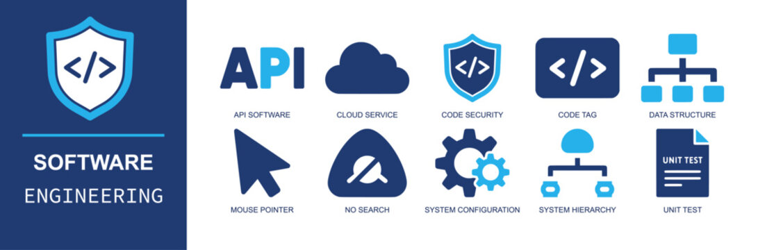 Software engineering icon set. Containing API, cloud service, code shield, code tag, data structure, mouse cursor, configuration, hierarchy, unit test and more. Solid fill vector icons.