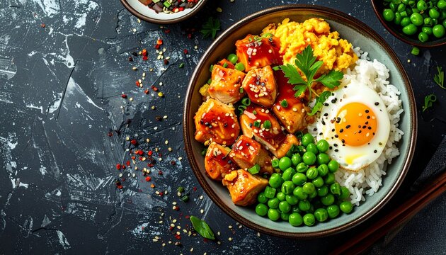 Japanese chicken soboro rice bowl with colorful scrambled egg and green peas