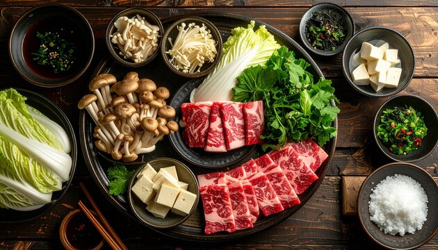 Japanese winter hot pot ingredients arranged on a wooden table with napa cabbage mush