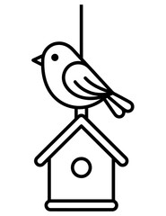 Simple line art icon of a cute little bird perched on top of a hanging birdhouse with birdhouse wildlife minimalist illustration backyard