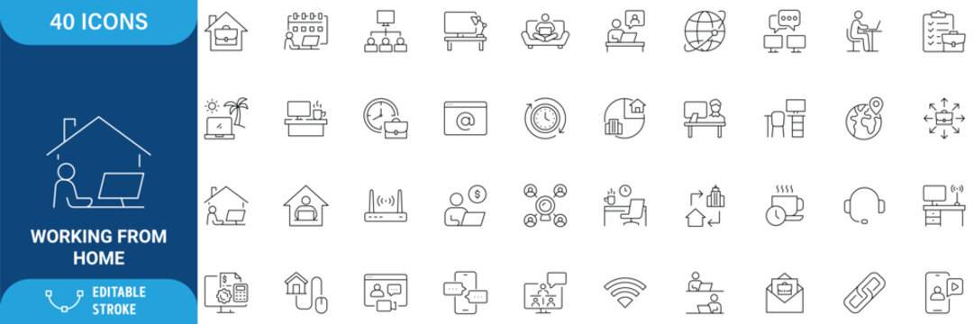 Working from home icon set. Contains icons related to remote working, freelance, hybrid work, digital nomad, work at home, and more. Outline Icon Collection. Vector illustration and editable stroke