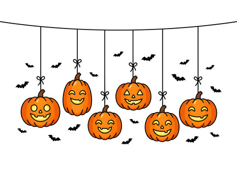 A festive halloween banner featuring a hanging decoration of spooky orange pumpkin jack o lantern faces and flying black bats