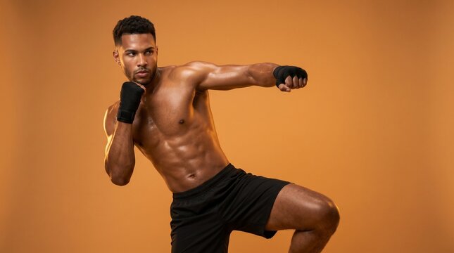 Handsome Male Fighter Shadowboxing in Dynamic Counterattack Pose with Black Fight Shorts, Sweat, Athletic Physique and Powerful Amber Studio Lighting for Sports Advertising