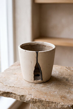 Stylish broken ceramic pot on a stone surface