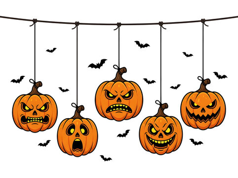 A festive halloween banner featuring spooky orange pumpkin jack o lantern hanging decoration elements with flying bat silhouettes for autumn