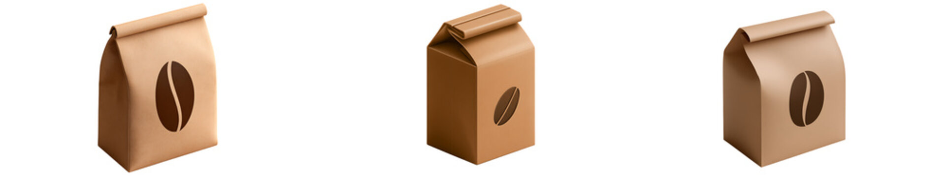 Set of three realistic paper coffee bean bags isolated on transparent background