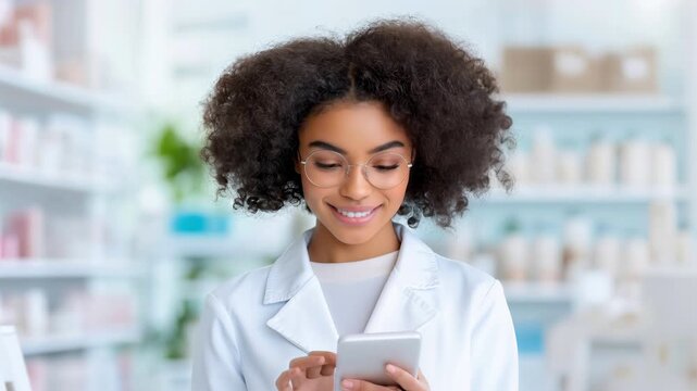 Female pharmacist smiles then checks a tablet while standing among medicine shelves in a bright modern pharmacy