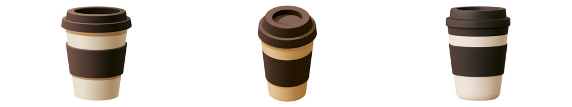Set of takeaway coffee cups with lids on a transparent background