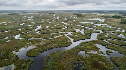 Fototapeta premium Aerial View of a Vast Swampy Wetland with Meandering Water Channels and Lush Green Reeds Under a Cloudy Sky