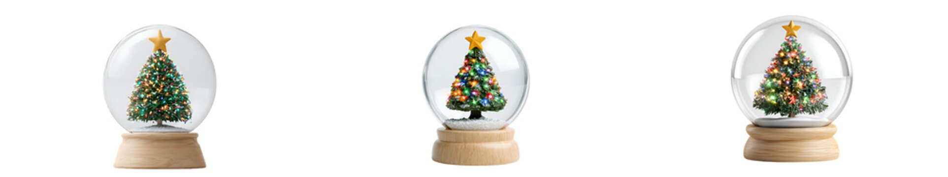 Christmas snow globes with decorated trees and stars isolated on transparent background