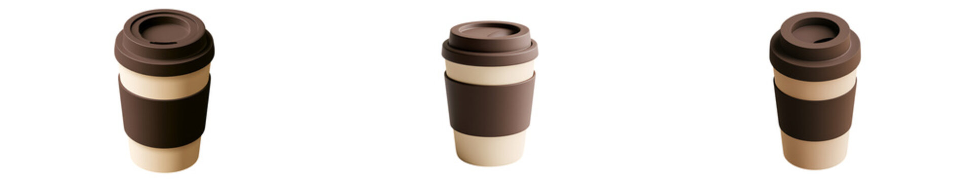 Three reusable coffee cups with brown lids and sleeves arranged side by side, isolated on transparent background