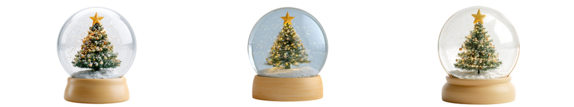 Three christmas snow globes with wooden bases and glowing trees isolated on transparent background