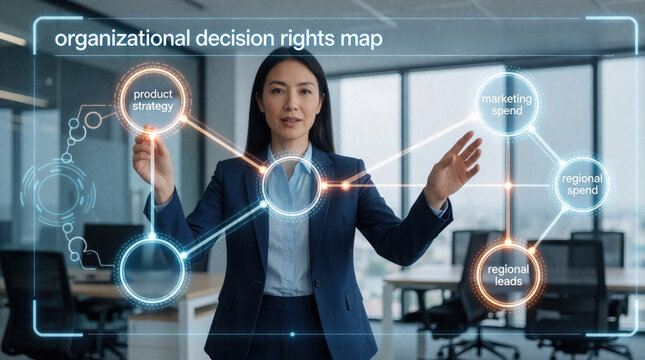 Asian woman in suit interacts with holographic organizational decision rights map. She points at product strategy, marketing spend, regional spend and leads on digital screen.