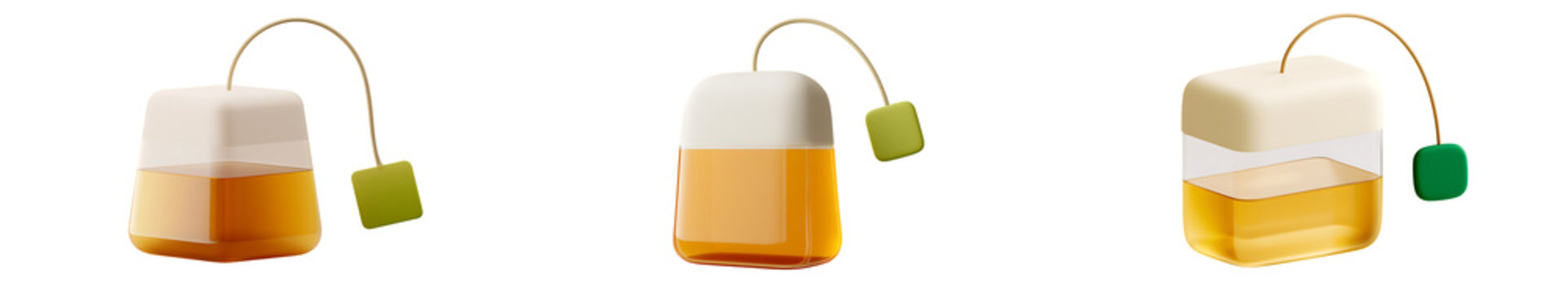 Set of cute 3d tea bags isolated on transparent background
