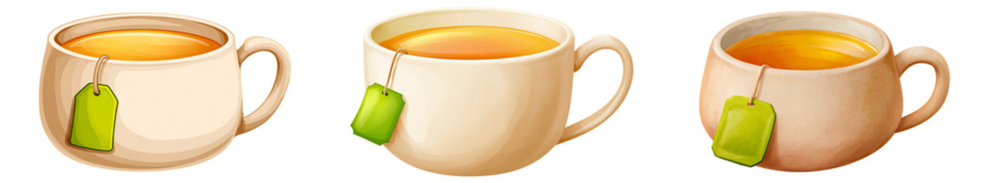 Three teacups filled with hot tea and green tea bags isolated on transparent background
