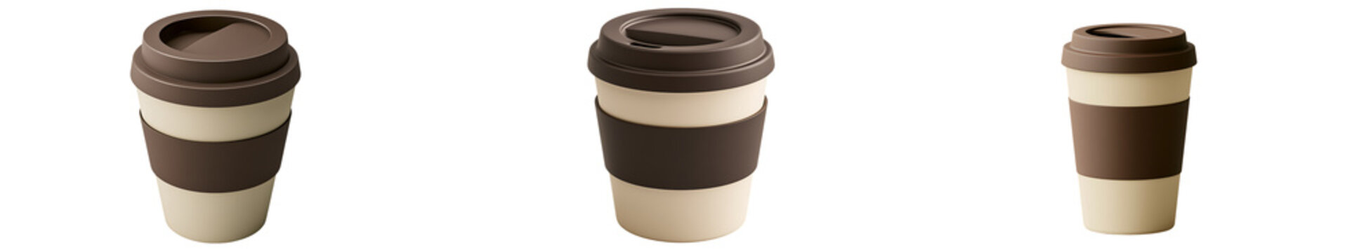 Three reusable coffee cups with brown lids and sleeves isolated on transparent background
