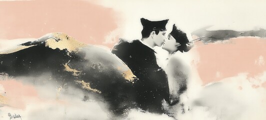 Fototapeta premium A romantic scene of a man and woman kissing, rendered in a blend of monochrome, watercolor washes, and touches of gold leaf for a luxurious feel, AI generated