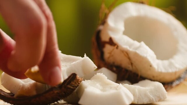 Coconut, Fresh whole and halved coconut isolated on a white background. Tropical exotic fruit with natural brown shell and white flesh. Healthy organic food, vegan ingredient, summer, close-up.