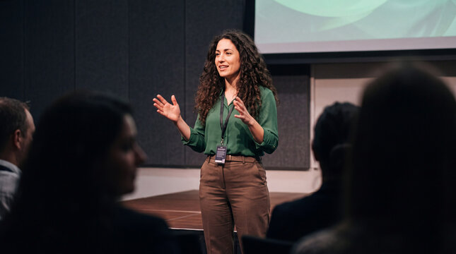 Confident Female Professional Delivering Keynote Presentation to Audience at Corporate Seminar
