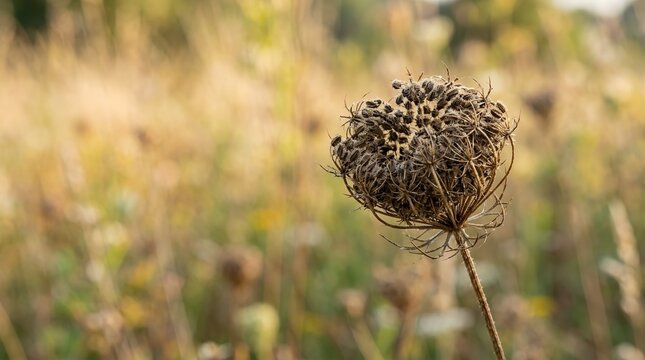 Detailed view of a withered wild carrot seed head in a sunlit meadow during autumn season with bokeh background