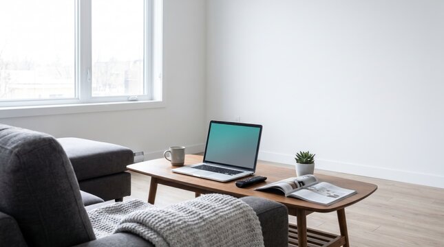 Cozy living room laptop template beside a knit blanket, sofa, and coffee mug