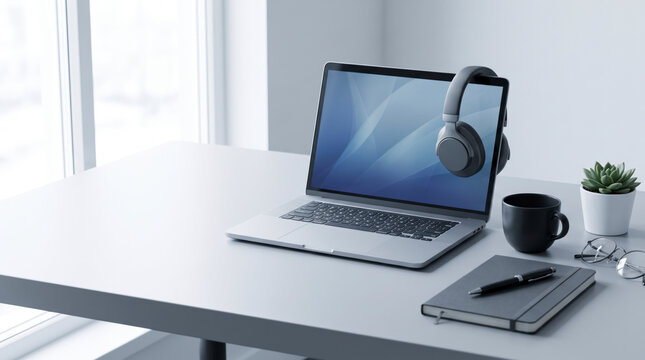 Standing desk workspace with a laptop template and wireless headphones by the window