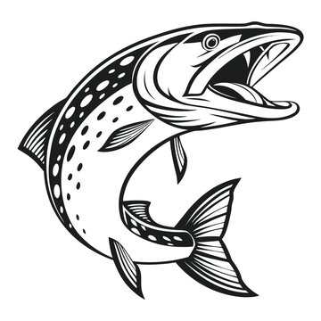 Black and white illustration of a predatory pike fish jumping with mouth open