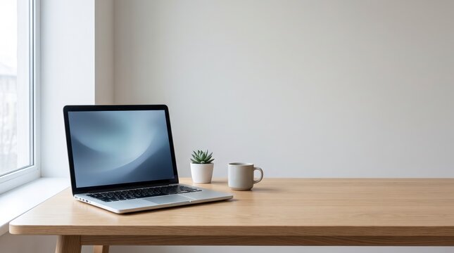 Sunlit home office corner with a laptop template, succulent plant, and coffee mug