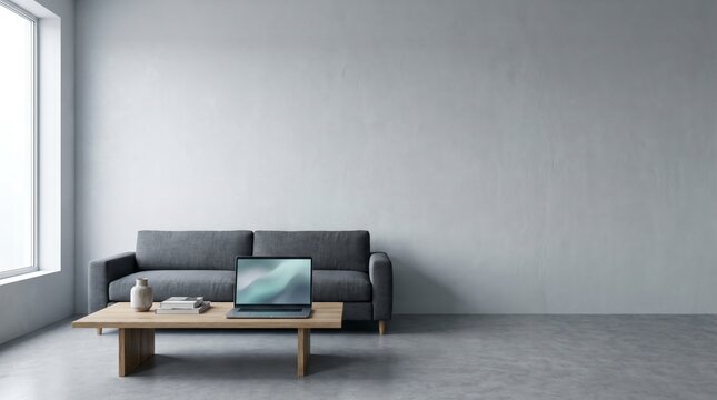 Empty minimalist apartment interior with a laptop screen template and wide wall copy space