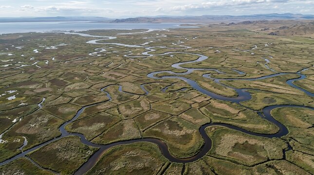 Stunning Aerial View of Winding River Meandering Through Vast Green Wetlands and Natural Landscape Valley Under Blue Sky
