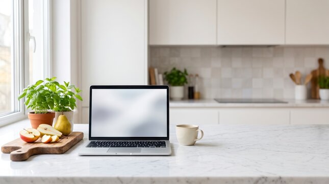 Marble kitchen counter with a laptop template beside fresh fruit and morning coffee