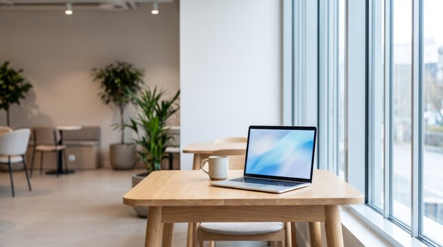 Coworking cafe table featuring a laptop screen template surrounded by leafy plants