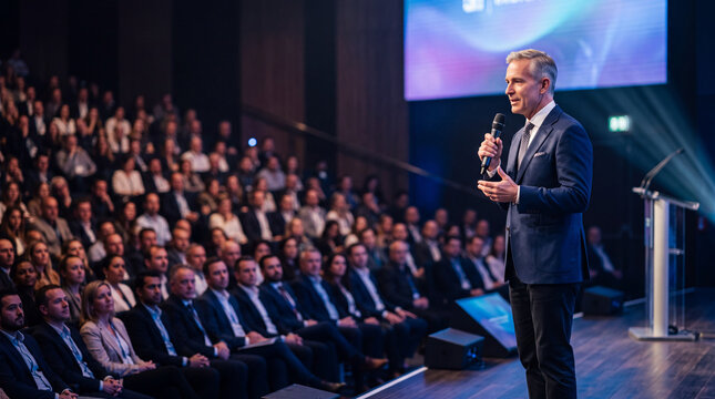Male Executive Delivering Keynote Speech with Microphone to Large Audience at Business Conference