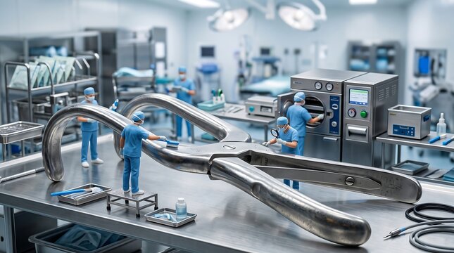 Miniature surgeons cleaning giant metal surgical forceps in a sterile medical processing room.