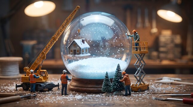 Miniature workers building a winter scene with a tiny house inside a snow globe on a workbench.