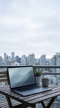 Rooftop balcony table with a laptop template overlooking a cloudy city skyline